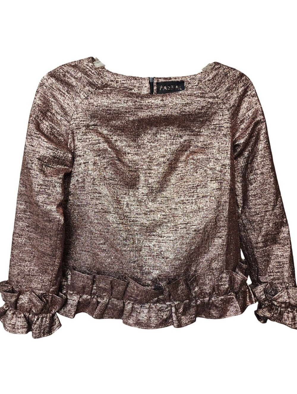 PASKAL Ukraine Metallic Rose Gold Tweed Ruffle Peplum Top Blouse